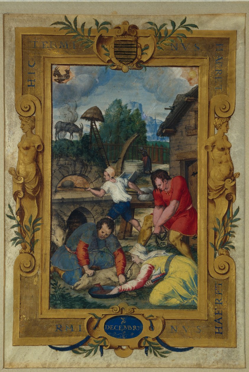 Pagina del calendario per dicembre, macellazione del maiale, da un libro d