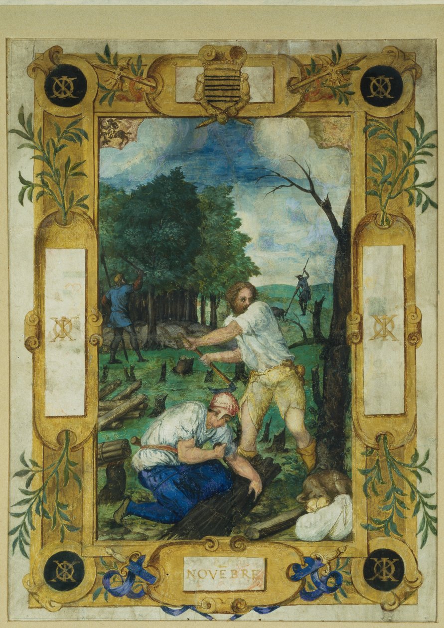 Pagina del calendario per novembre, abbattimento degli alberi, da un libro d