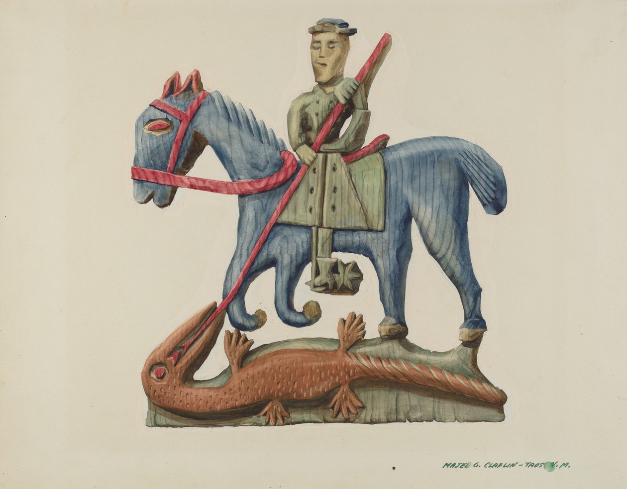 San Giorgio e il drago, scolpito da una sezione di tavola - dipinto, c. 1938 da Majel G. Claflin