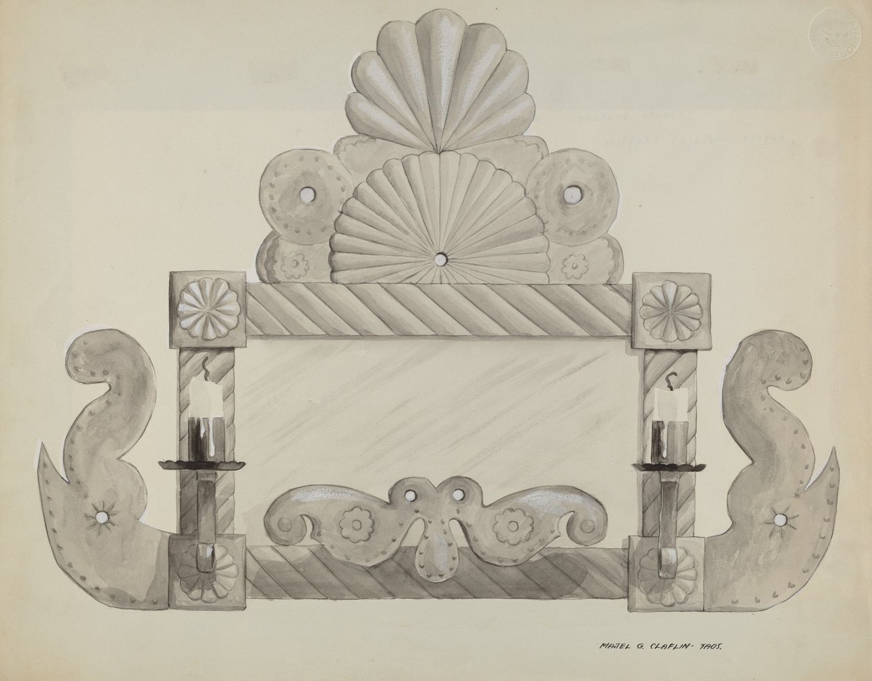 Cornice per specchio in latta con 2 portalumi da Majel G. Claflin