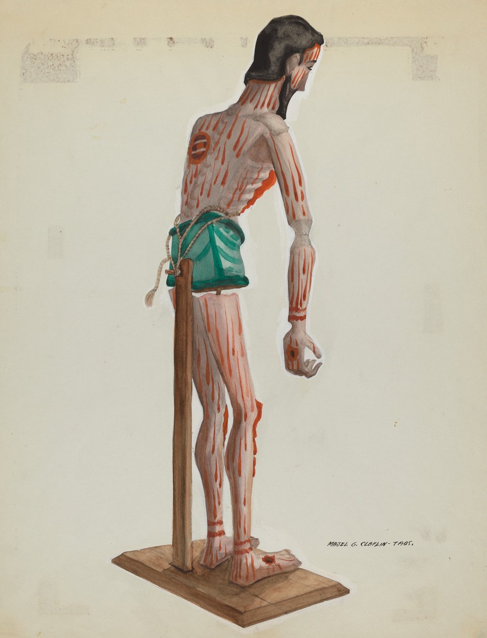 Cristo in legno, vista laterale dipinta, c. 1937 da Majel G. Claflin