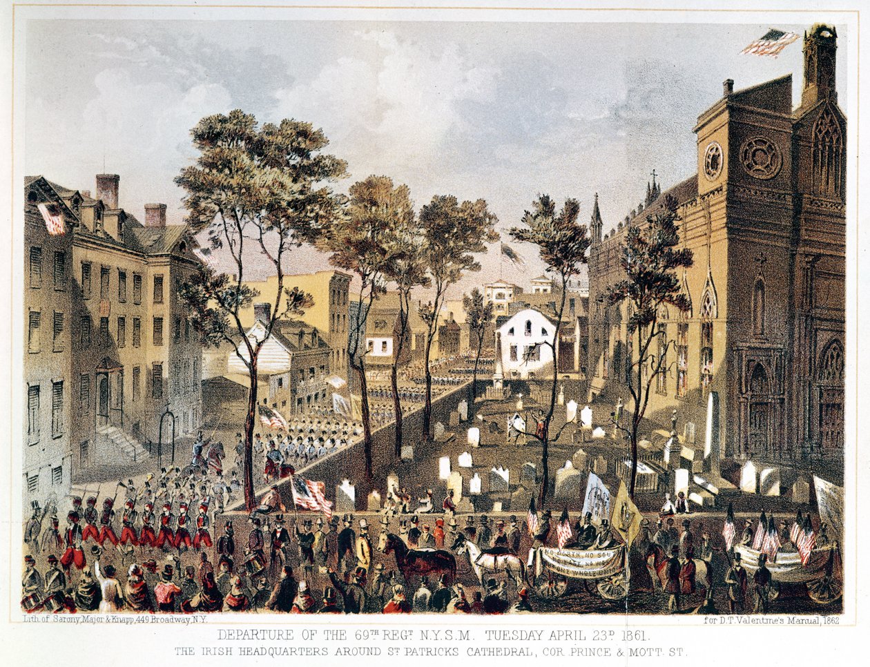 Partenza del 69º Reggimento, N.Y.S.M., 23 aprile 1861, il quartier generale irlandese intorno alla Cattedrale di San Patrizio, angolo tra Prince e Mott Street, New York da Major and Knapp Sarony