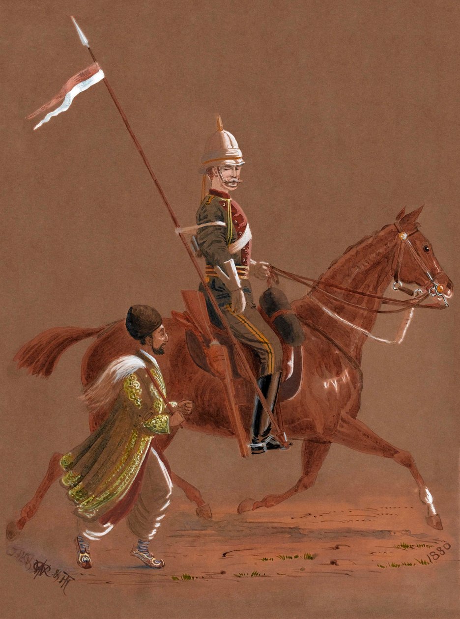 Cavaliere del 9° Lancieri a cavallo, con un soldato afgano che corre accanto al suo cavallo da Major General R.G. Woodthorpe