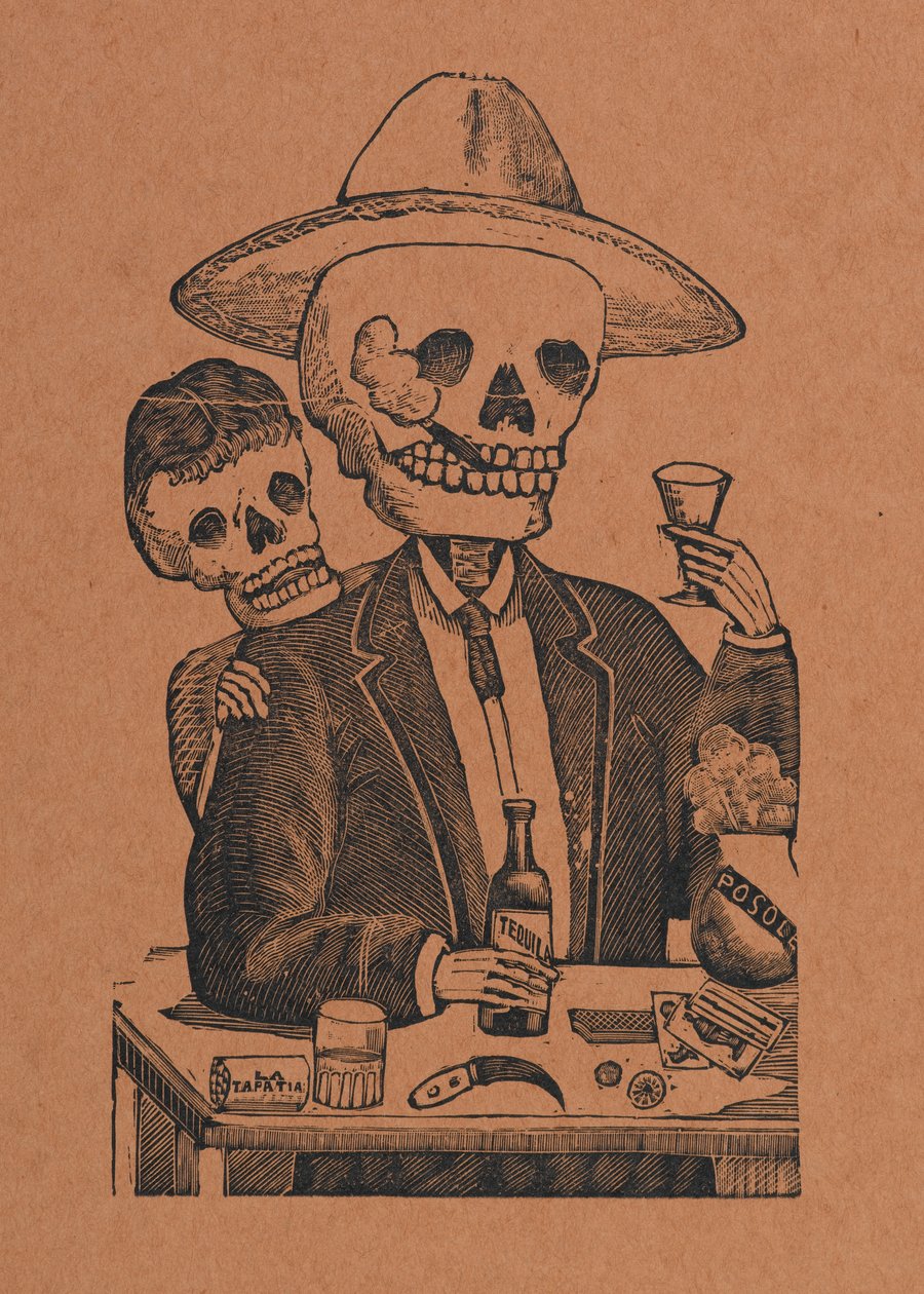 Figura scheletrica in un bar, da 330 Grabados Originales, stampato da Antonio Vanegas Arroyo (1850-1917), Città del Messico, Messico da Manuel Manilla