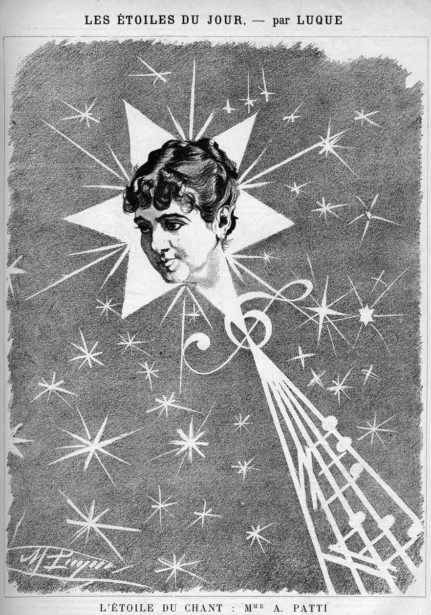 Adelina Patti, cantante italiana. La stella del canto, caricatura del caricaturista Manuel Luque. In The Cartoon del 1886 da Manuel Luque