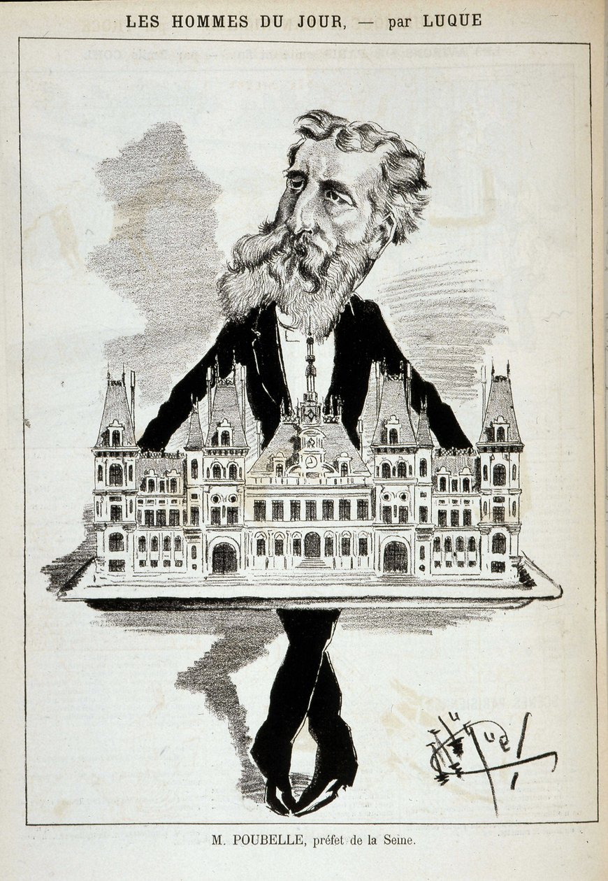 Cartone animato di M. Poubelle, prefetto della Senna, che porta il Municipio di Parigi su un vassoio - Dess. di Luque, in "La Caricature" del 13/08/1887 da Manuel Luque