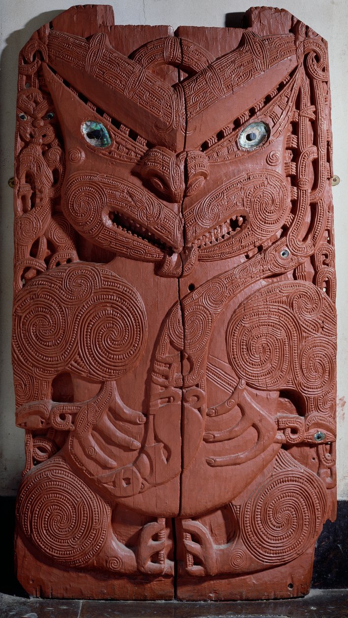 Pannello decorativo Maori con figura antropomorfa immaginaria, civiltà neozelandese da Maori Maori