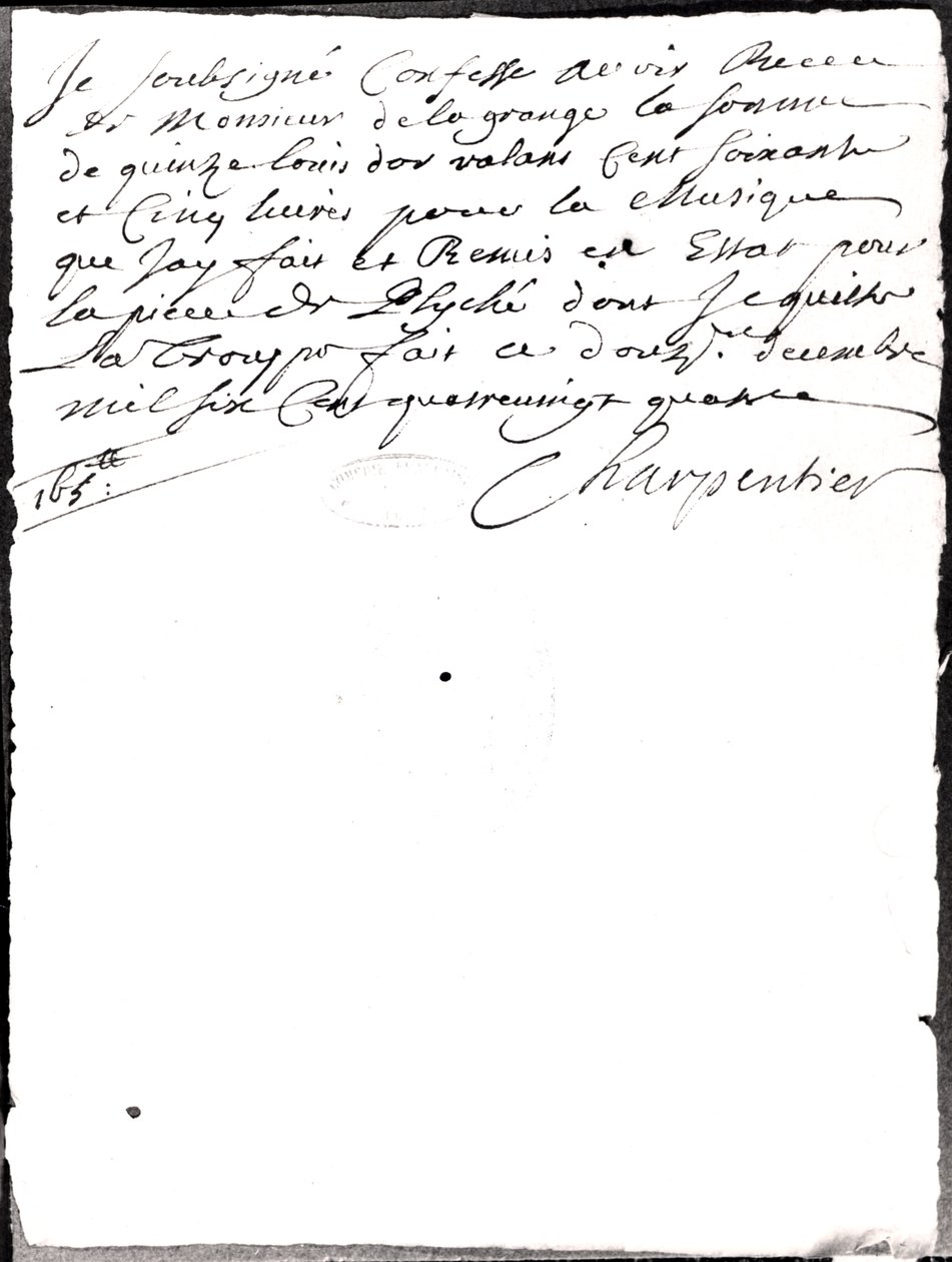 Lettera riguardante la musica composta da Charpentier per Psyche di Moliere, 1684 da Marc Antoine Charpentier