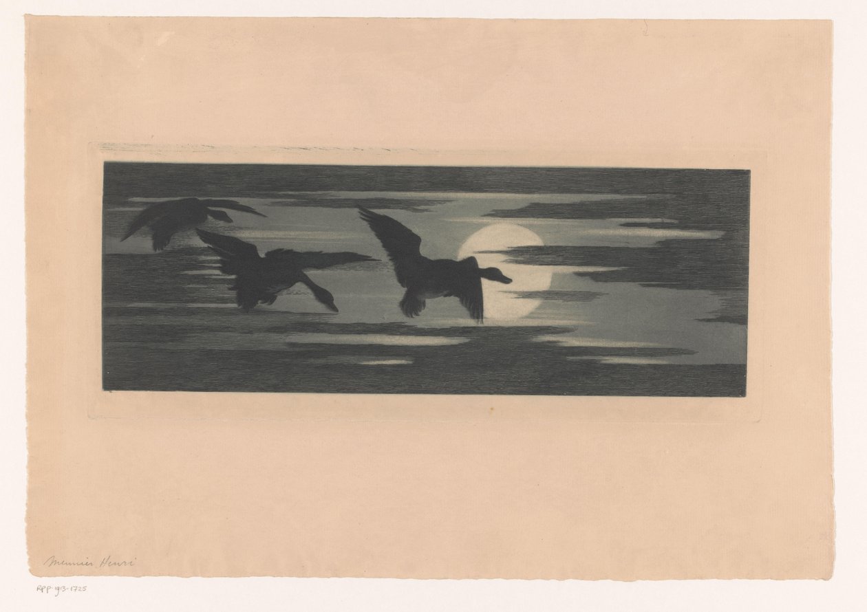 Tre anatre che volano al tramonto da Marc Henry Meunier (attributed to)