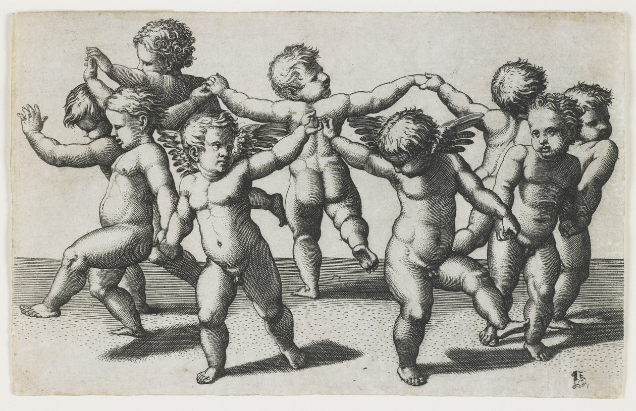 Due Cupidi che guidano bambini in una danza, c. 1517-1520 da Marcantonio Raimondi