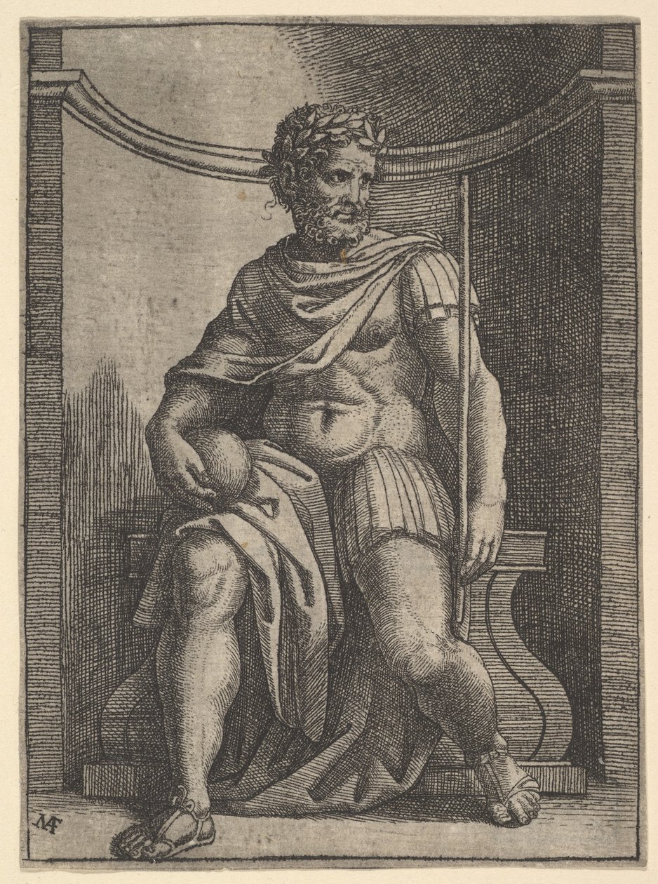 Imperatore romano seduto in una nicchia con globo e scettro, ca. 1500-1534 da Marcantonio Raimondi