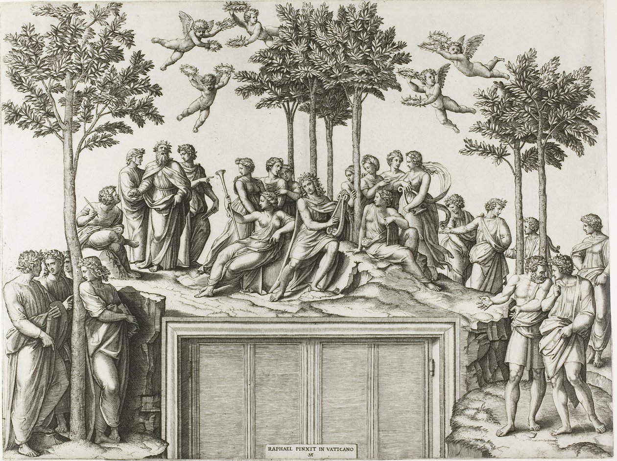 Apollo sul Parnaso, circondato dalle Muse e dai poeti da Marcantonio Raimondi