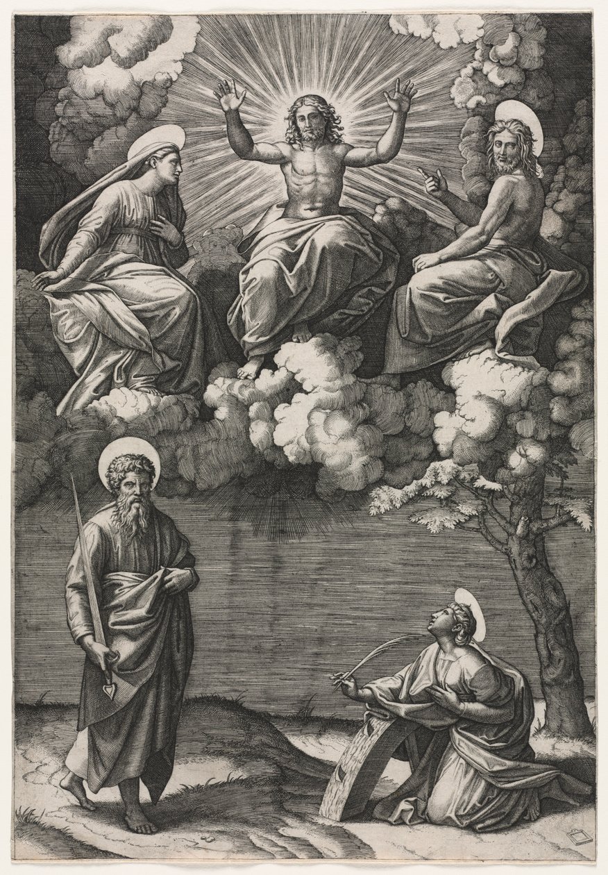 Cristo, la Vergine e San Giovanni Battista con i Santi Paolo e Caterina, c. 1520-1525 da Marcantonio Raimondi