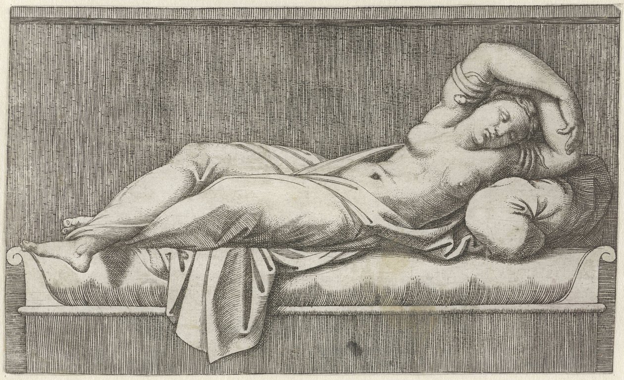 Cleopatra semi-nuda sdraiata su un letto da Marcantonio Raimondi