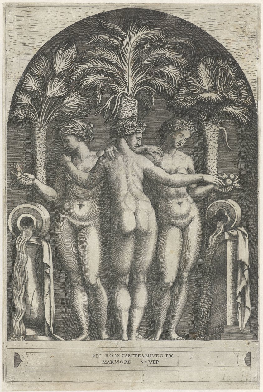 Tre Grazie in una nicchia davanti a tre palme e affiancate da brocche da cui scorre acqua da Marcantonio Raimondi