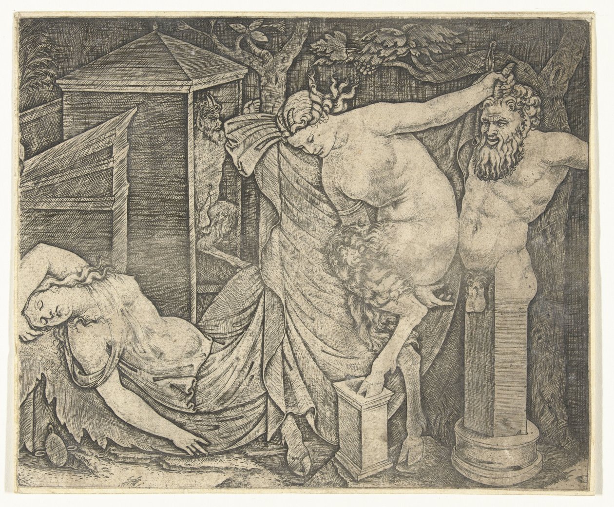 Frammento di baccanale con donna satiro e erma e baccante addormentata da Marcantonio Raimondi