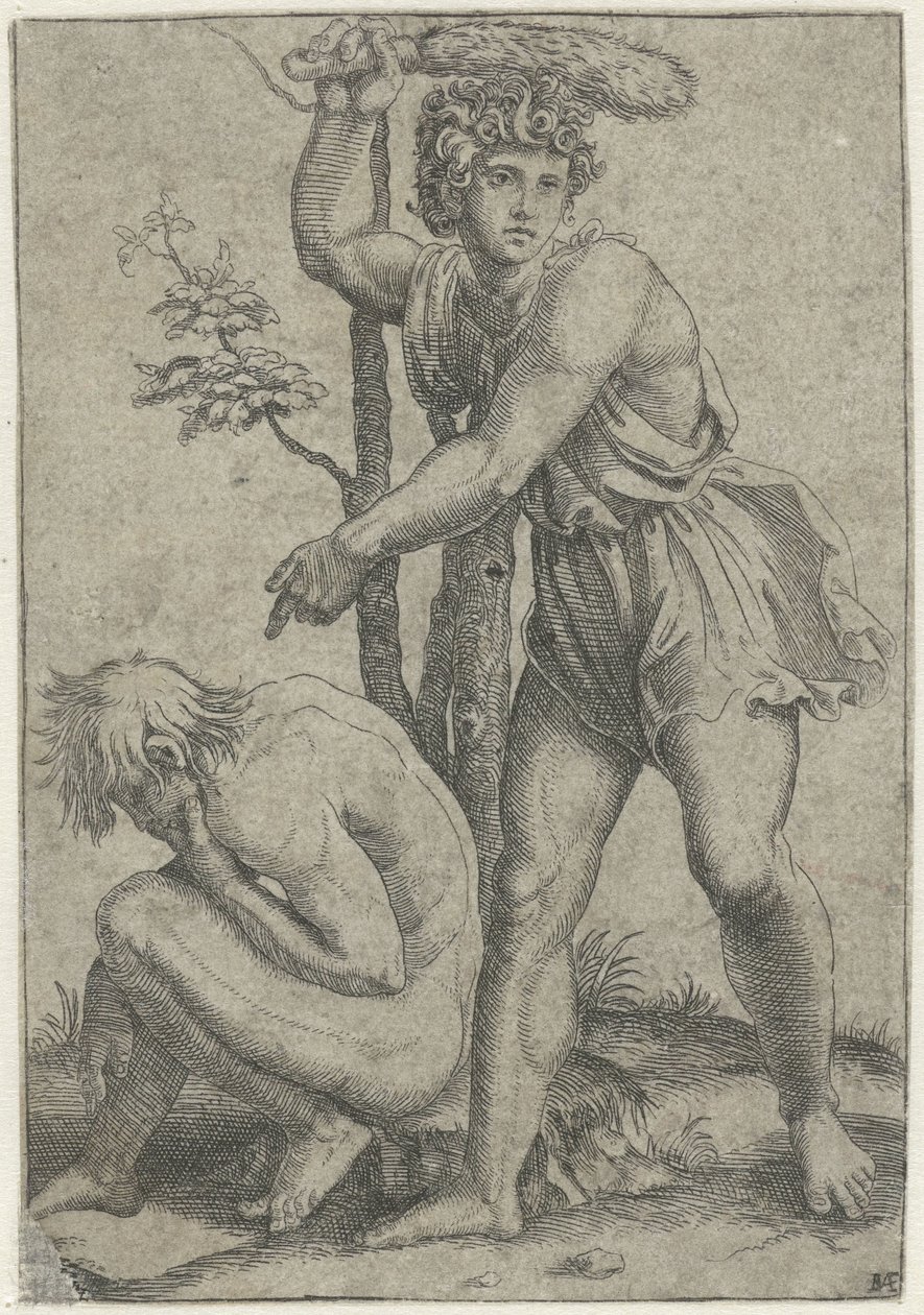 Uomo nudo accovacciato colpito da uomo con coda di volpe da Marcantonio Raimondi