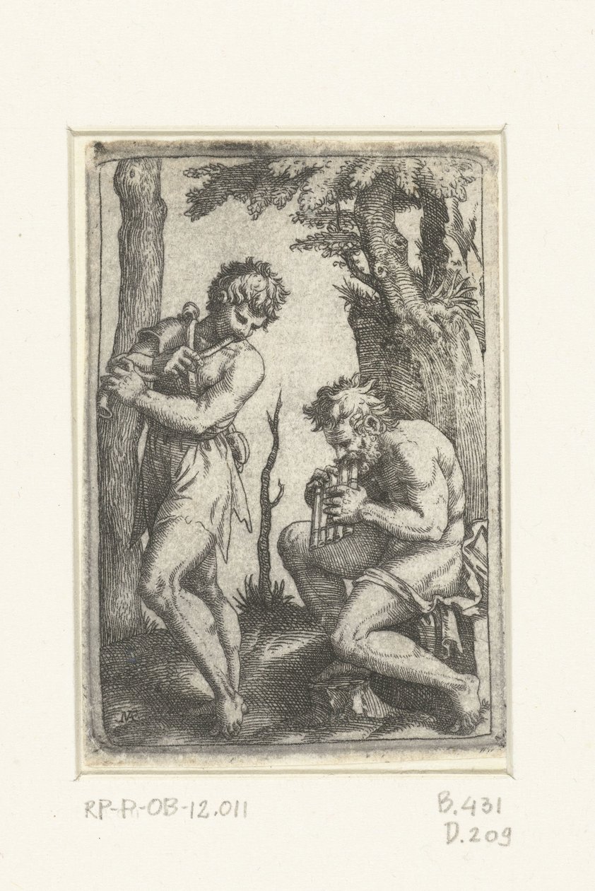 Giovane pastore con zufolo e vecchio pastore con flauto di Pan da Marcantonio Raimondi