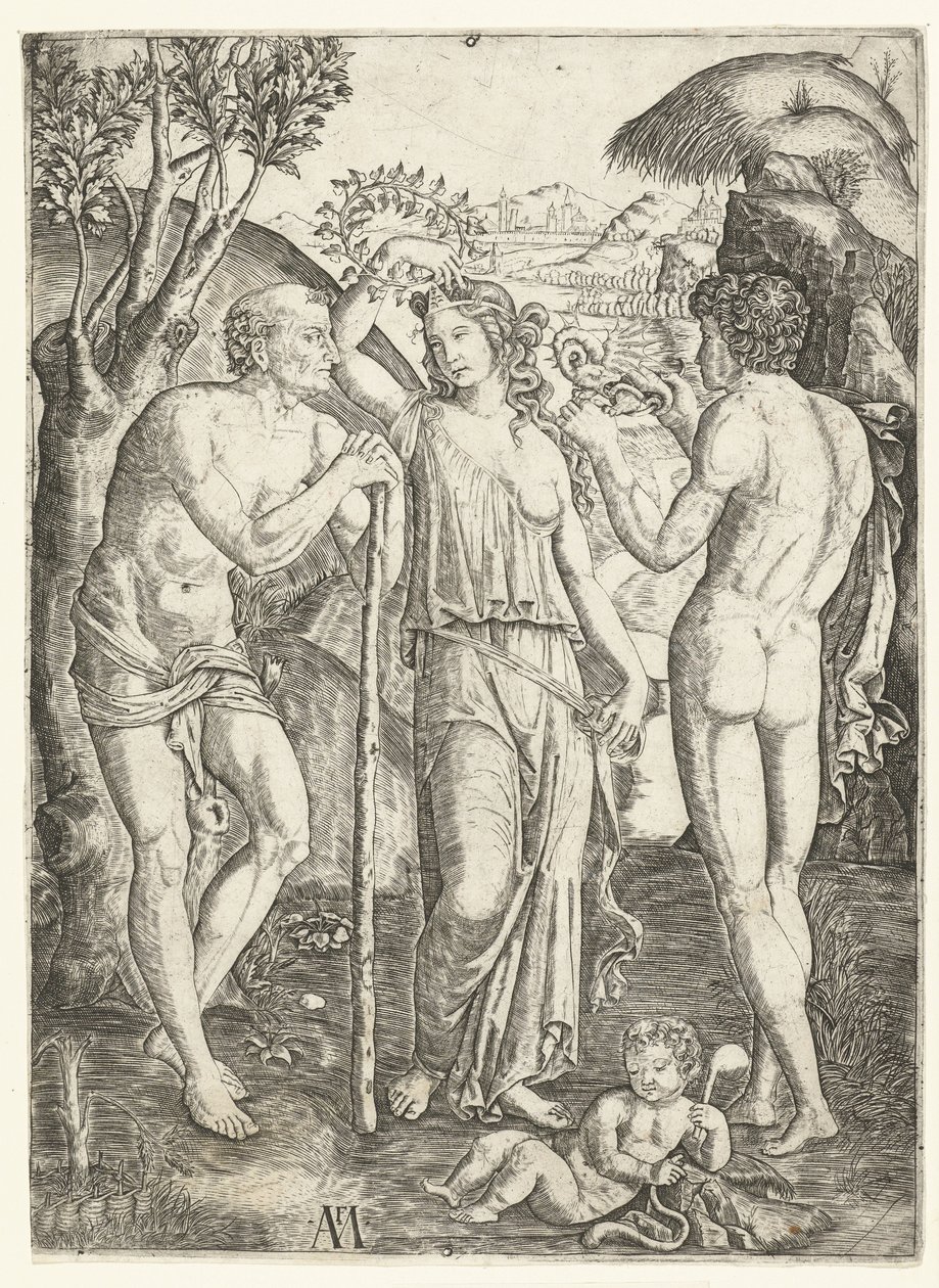 Giovane donna con corona di foglie tra un vecchio appoggiato a un bastone e un giovane con drago e bambino da Marcantonio Raimondi