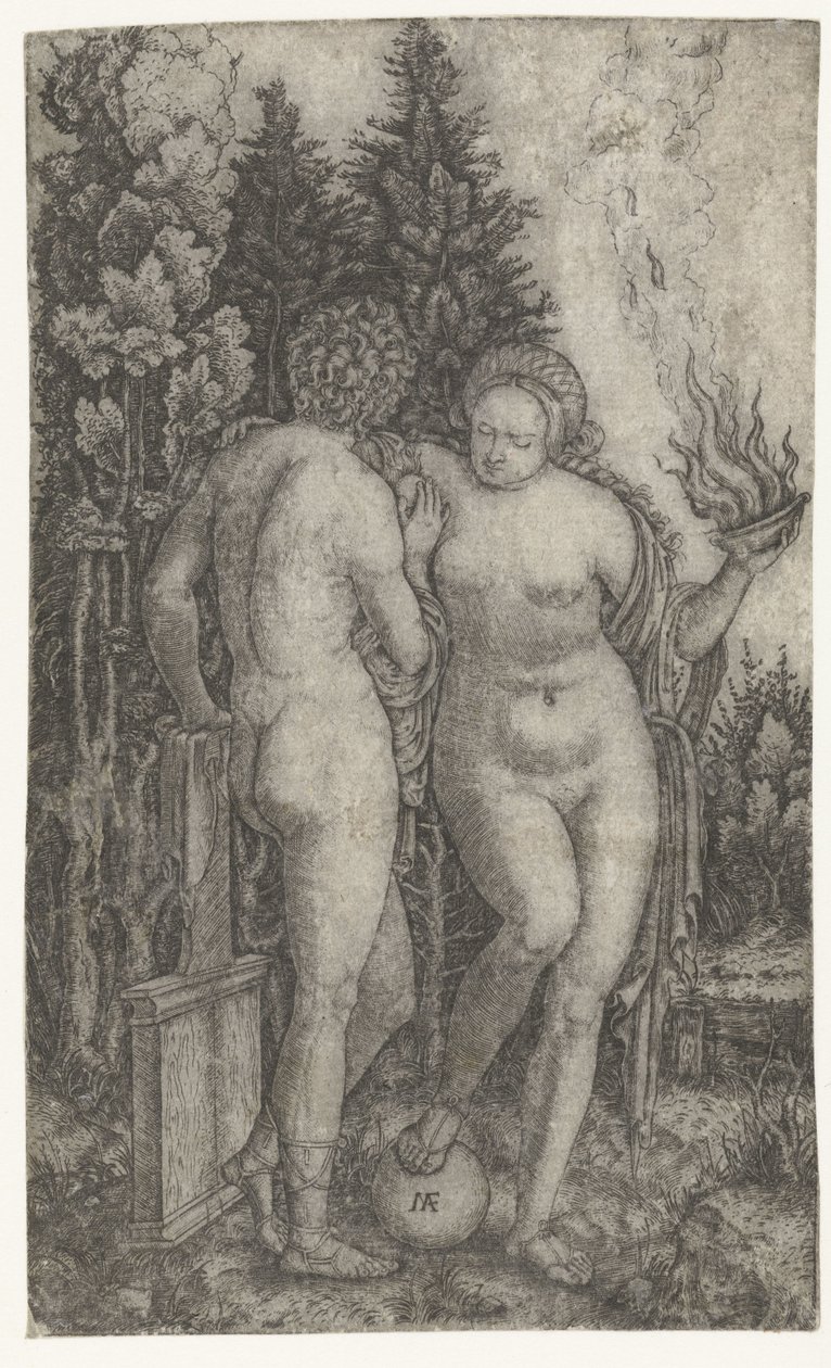 Giovane protetto da una donna con globo e ciotola di offerte come personificazione della Fortuna da Marcantonio Raimondi