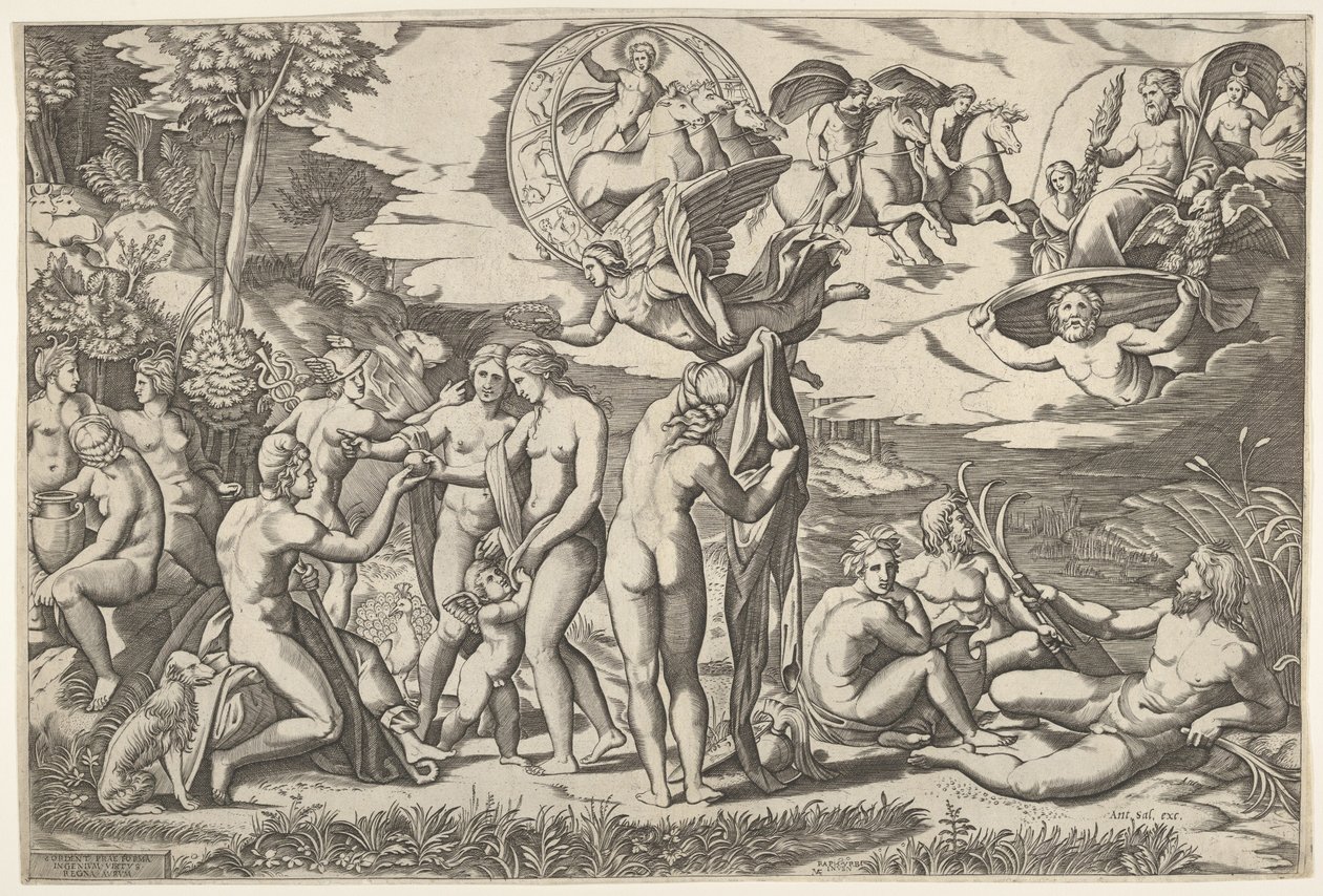 Giudizio di Paride: Paride estende la mano verso Venere, che sta tra Giunone e..., ca. 1520-50 da Marcantonio Raimondi