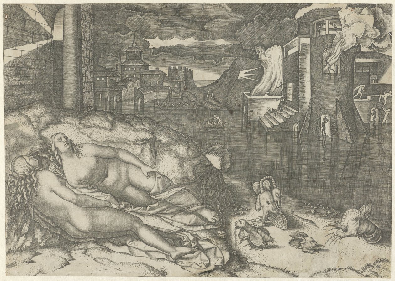 Paesaggio con due donne nude addormentate e animali fantastici sulla riva vicino a un edificio in fiamme da Marcantonio Raimondi