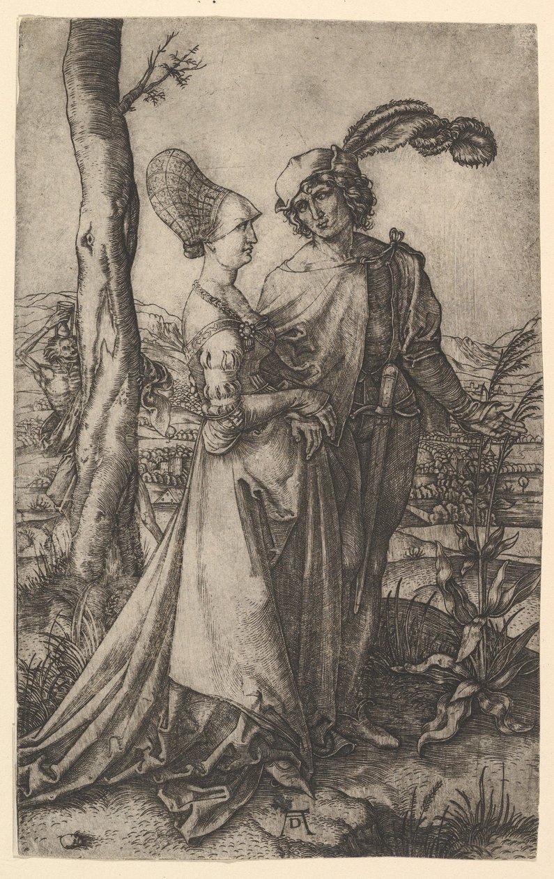 Signore e signora che camminano con la figura della morte nascosta dietro un albero, tenendo una clessidra da Marcantonio Raimondi