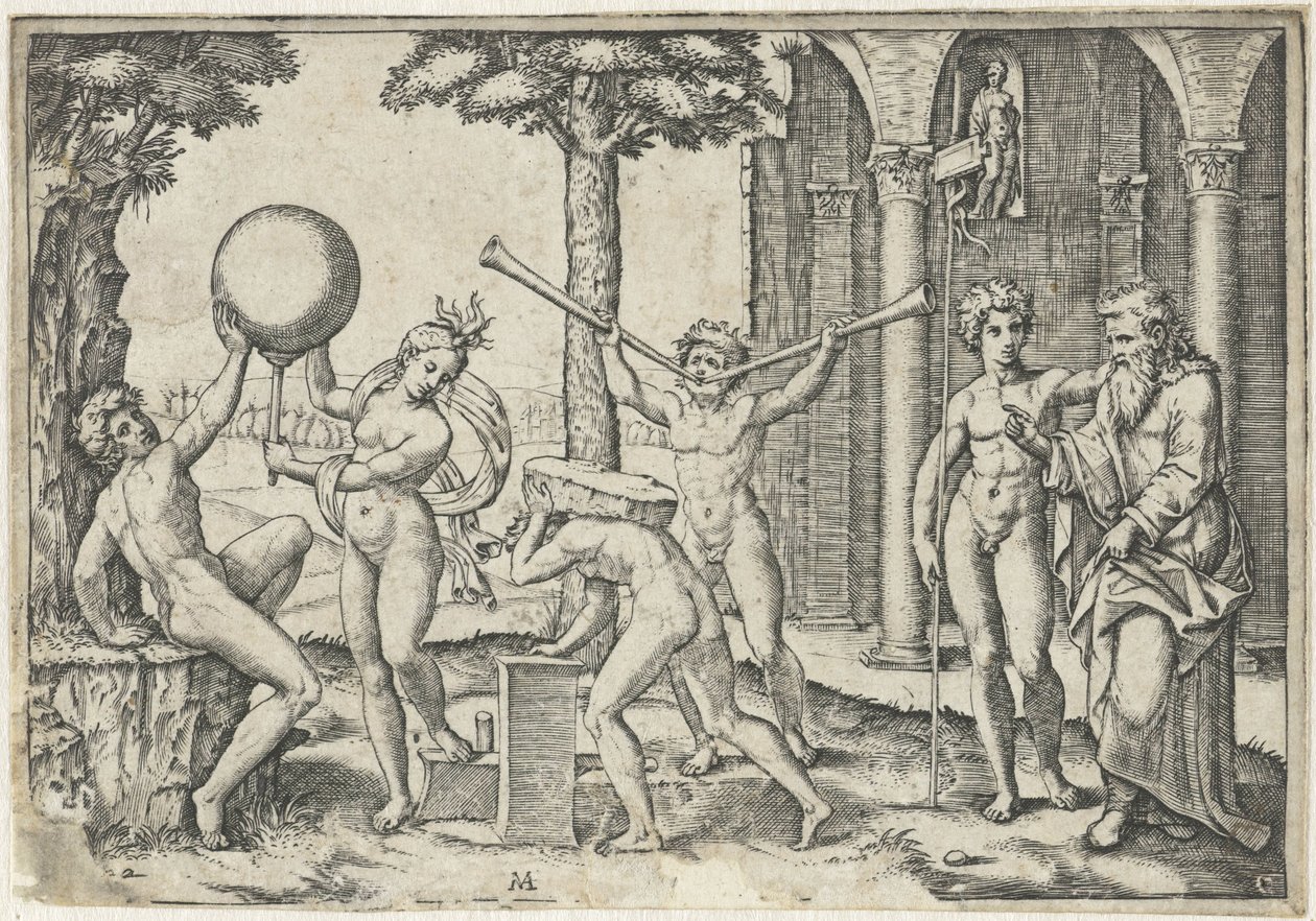 Uomo con due trombe e uomo con pietra sulla schiena affiancati da uomo e donna con globo e uomo vecchio e giovane da Marcantonio Raimondi