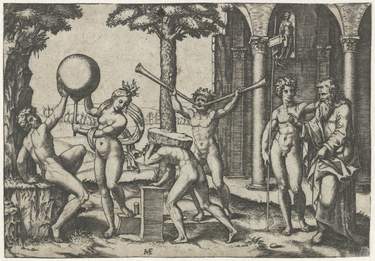 Uomo con due trombe e uomo con pietra sulla schiena affiancati da uomo e donna con globo e uomo vecchio e giovane da Marcantonio Raimondi