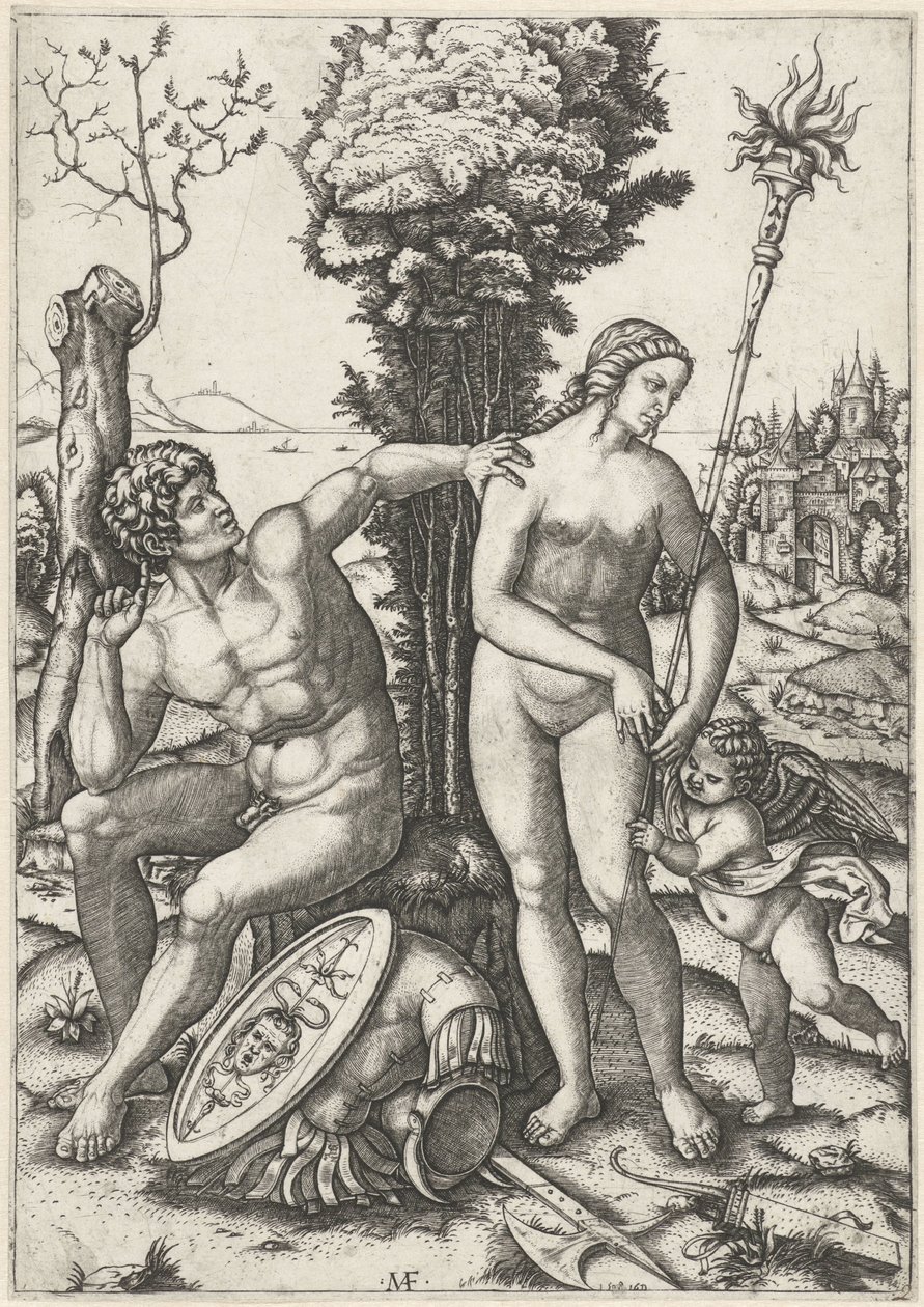 Marte e Venere come coppia di amanti con Amore da Marcantonio Raimondi