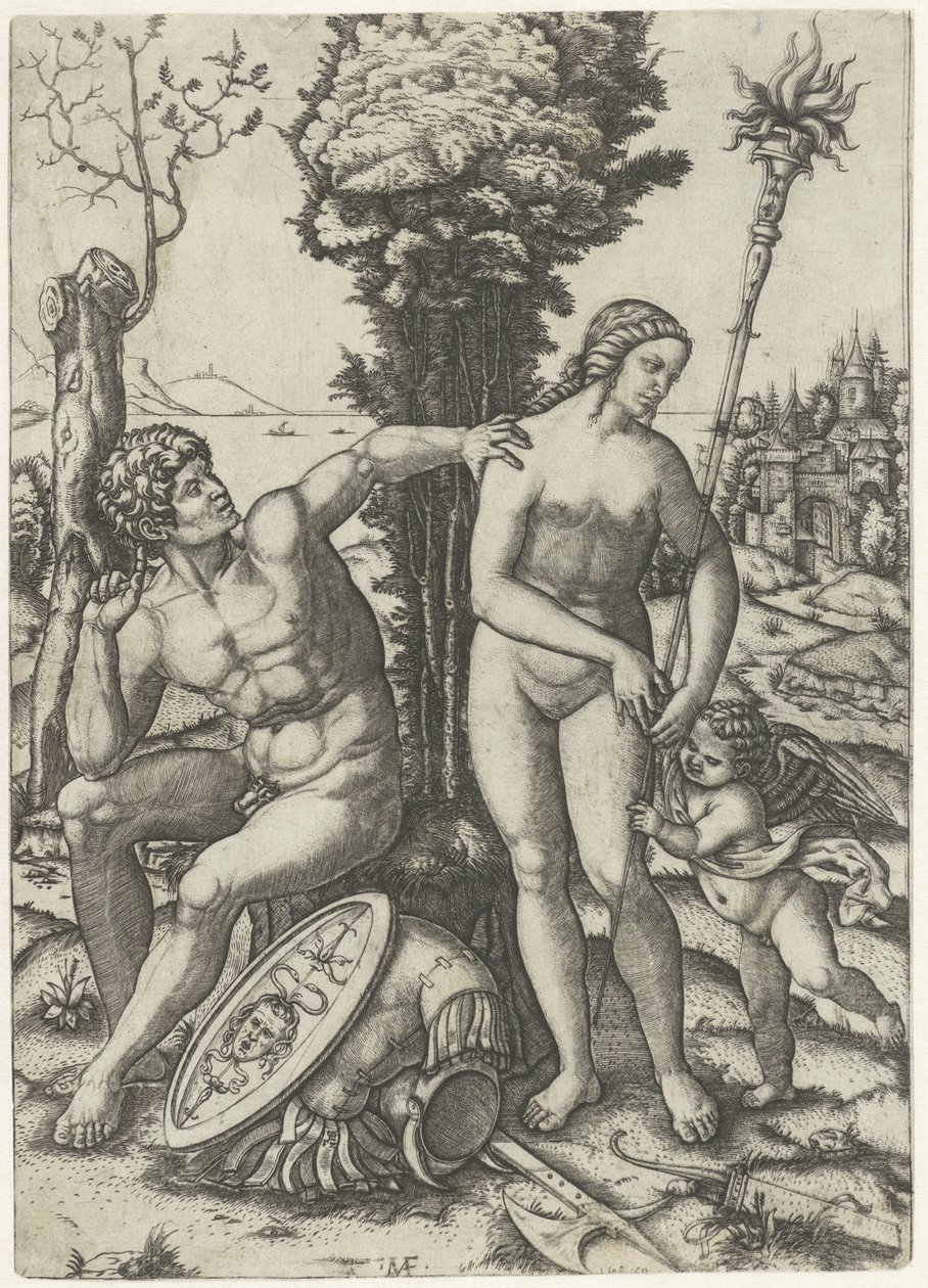 Marte e Venere come coppia di amanti con Amore da Marcantonio Raimondi