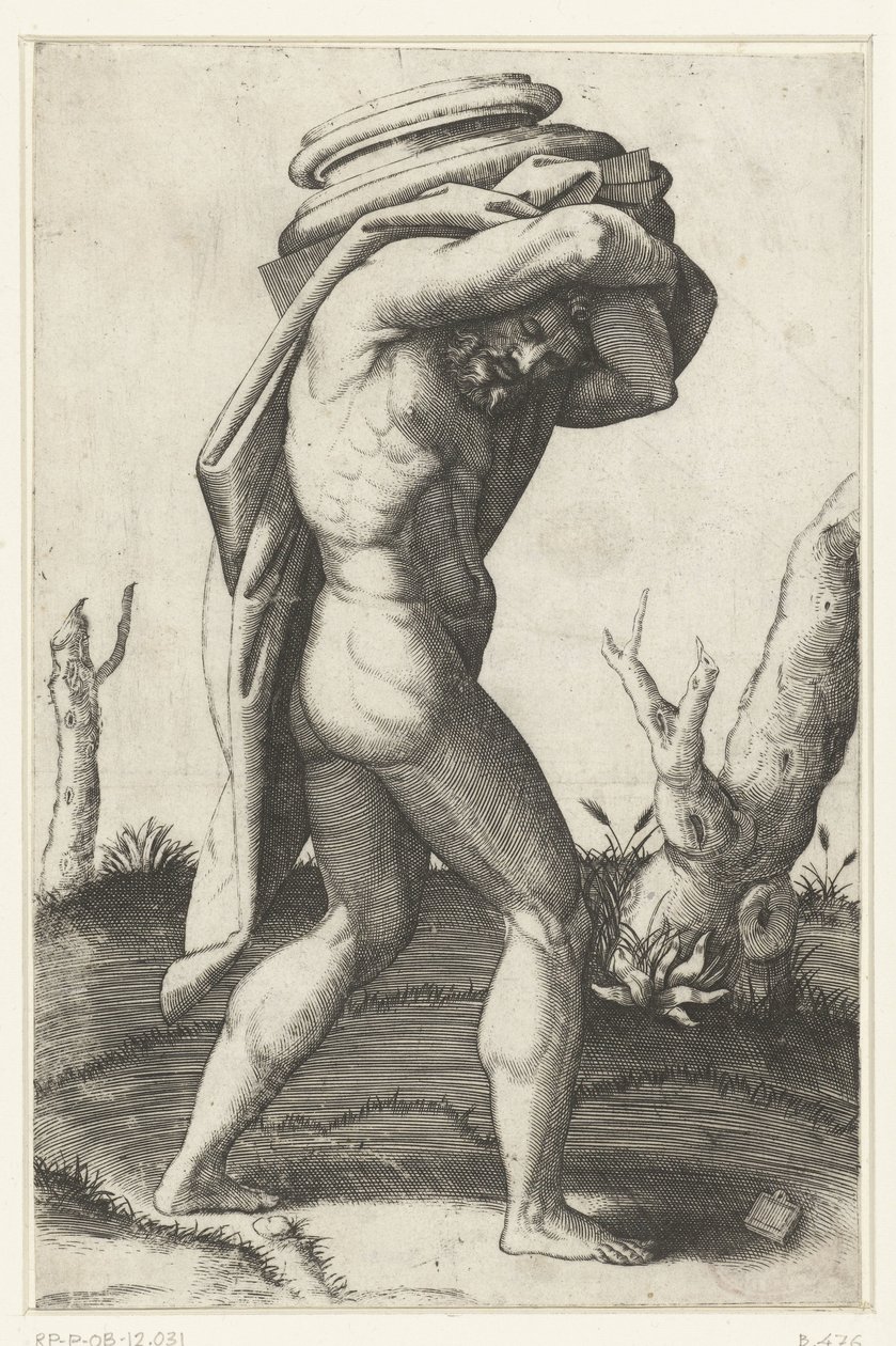 Uomo nudo che porta una base di colonna sulla schiena da Marcantonio Raimondi