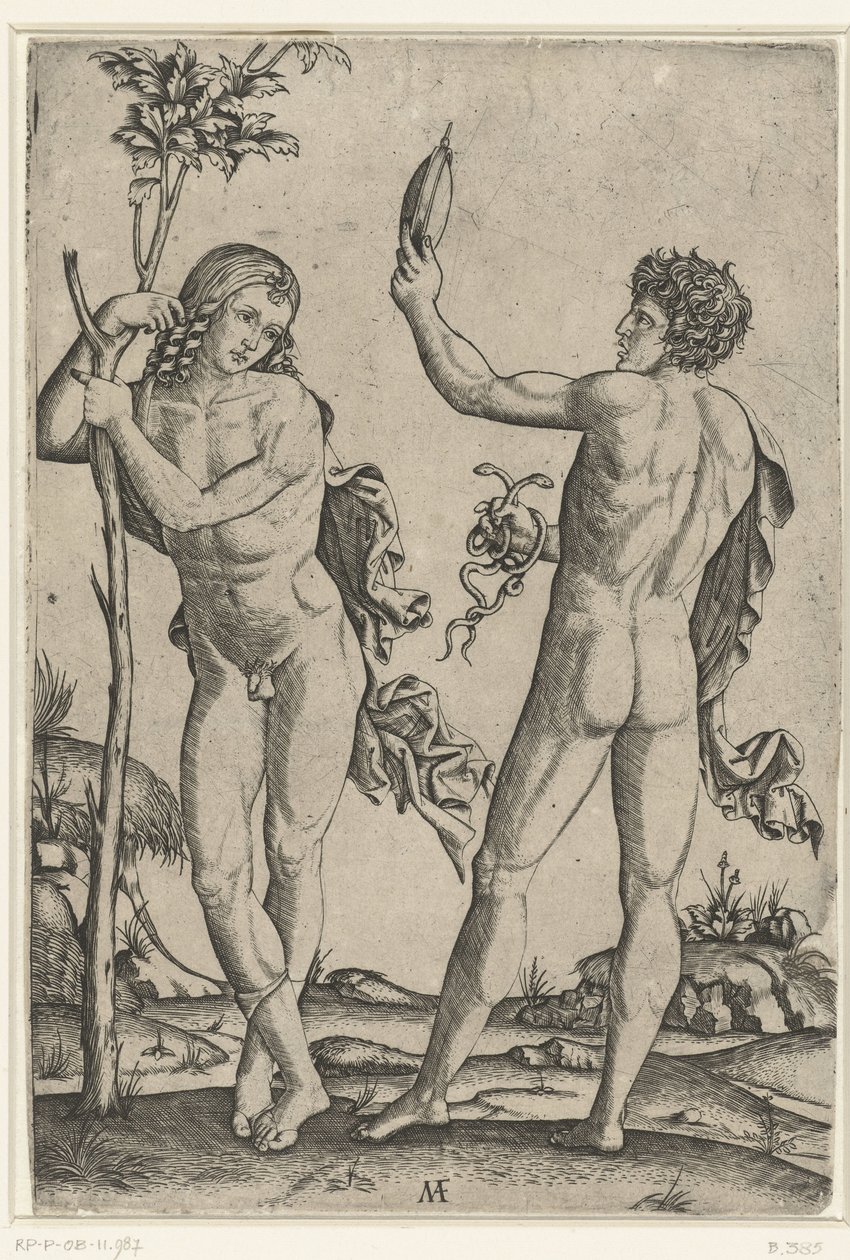 Uomo nudo appoggiato a un albero e uomo nudo con specchio e due serpenti da Marcantonio Raimondi