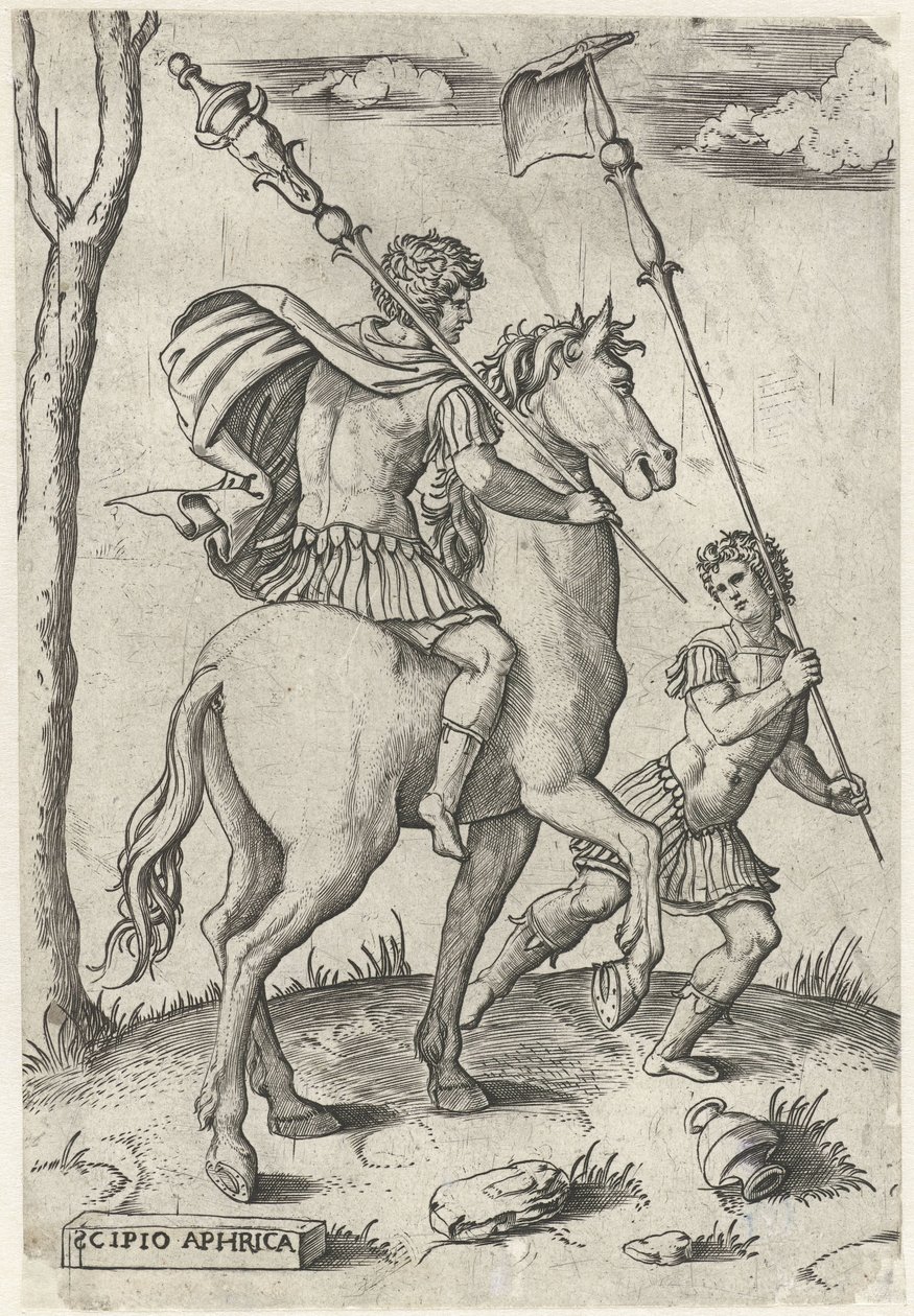Generali romani Scipione Africano Maggiore a cavallo e Scipione Africano Minore da Marcantonio Raimondi