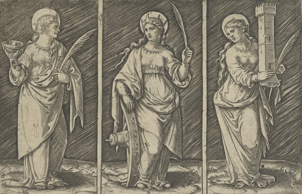 Santa Barbara a sinistra, Santa Caterina al centro, Santa Lucia a destra da Marcantonio Raimondi