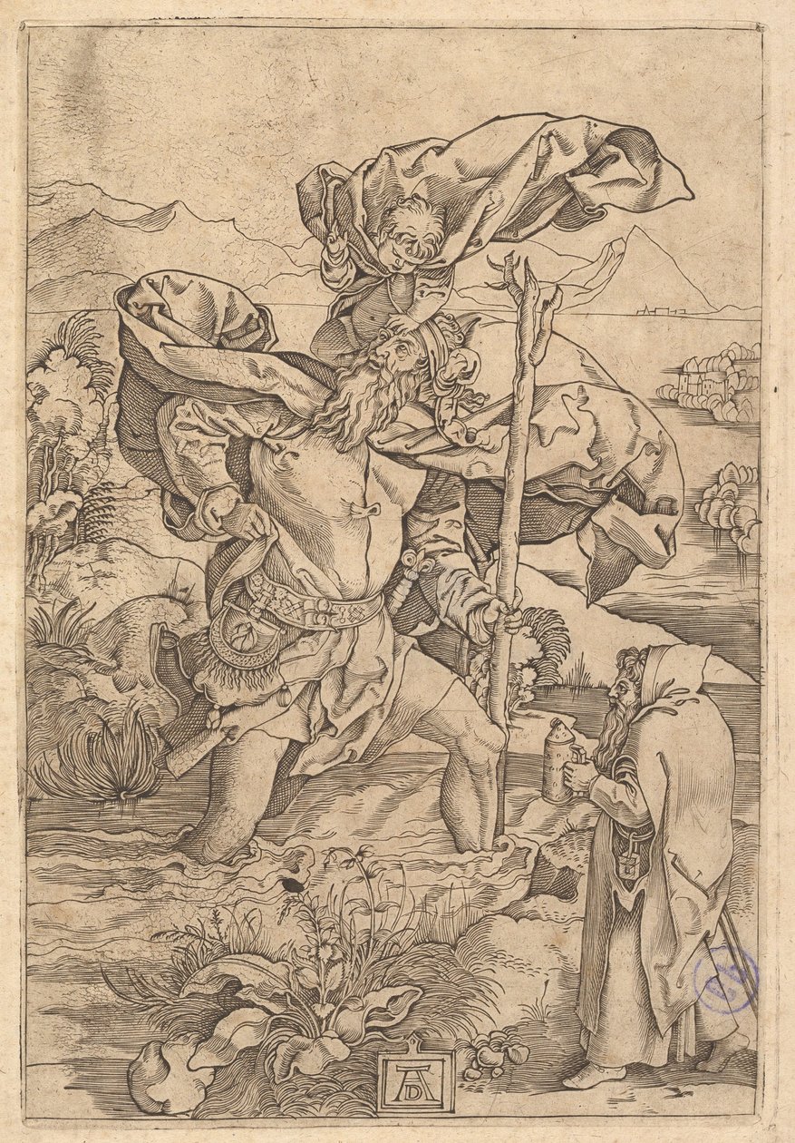 San Cristoforo che attraversa il fiume con Cristo in forma di putto sulla sua spalla, ca. 1500-1534 da Marcantonio Raimondi