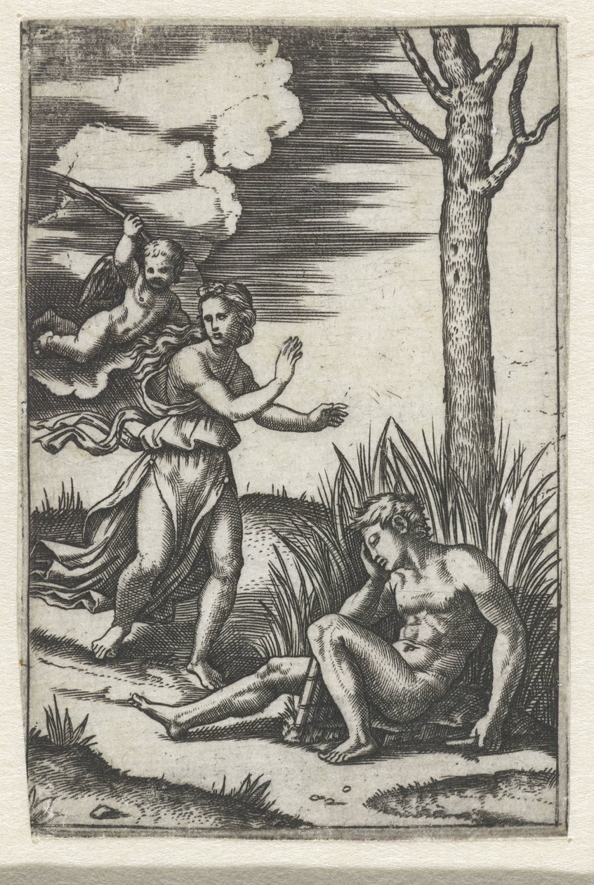 Uomo addormentato e ninfa inseguiti da Amore da Marcantonio Raimondi