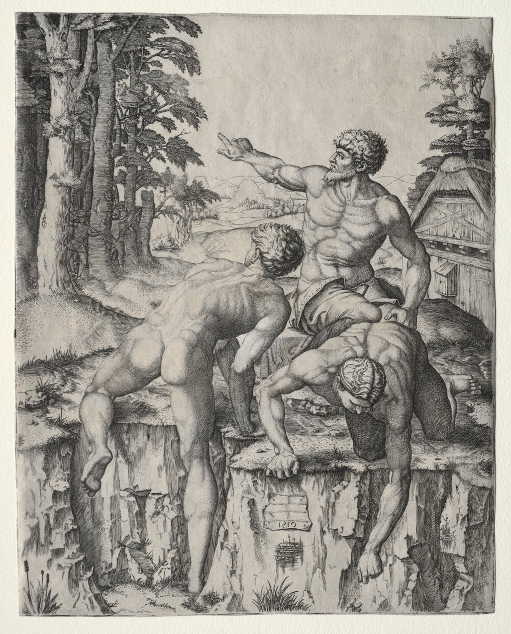 I tre scalatori. Figure dalla Battaglia di Cascina di Michelangelo, 1510 da Marcantonio Raimondi