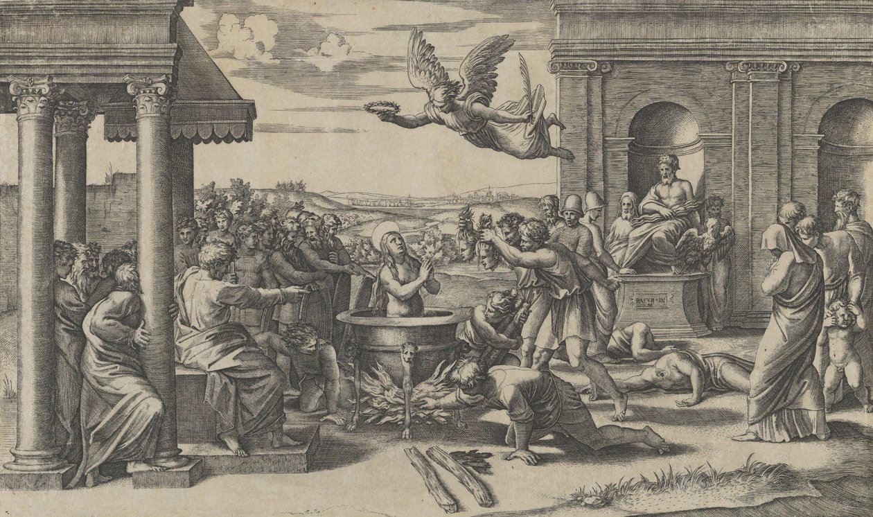 Il martirio di Santa Cecilia nuda in un grande calderone da Marcantonio Raimondi