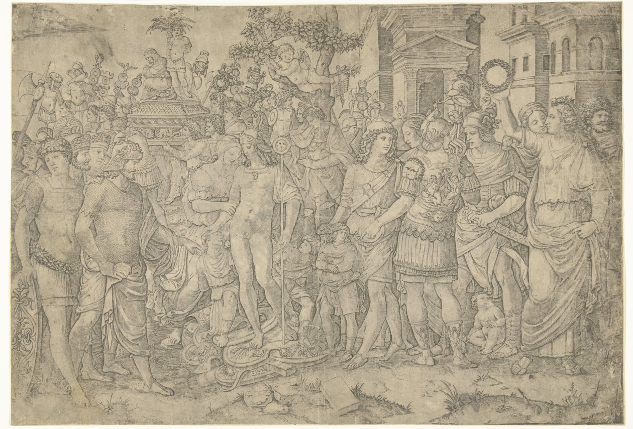 Trionfo di un imperatore romano con soldati e armature catturate da Marcantonio Raimondi