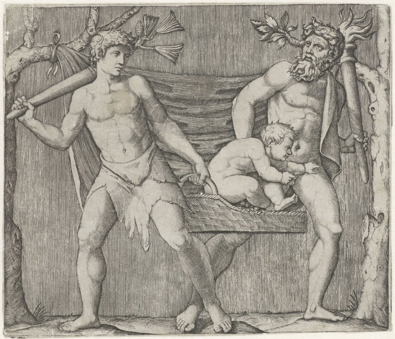 Due fauni portano un bambino in un cesto da Marcantonio Raimondi