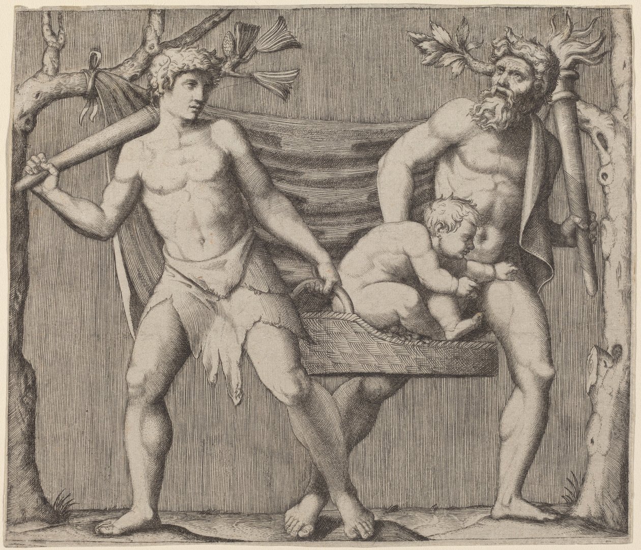 Due fauni che portano un bambino da Marcantonio Raimondi