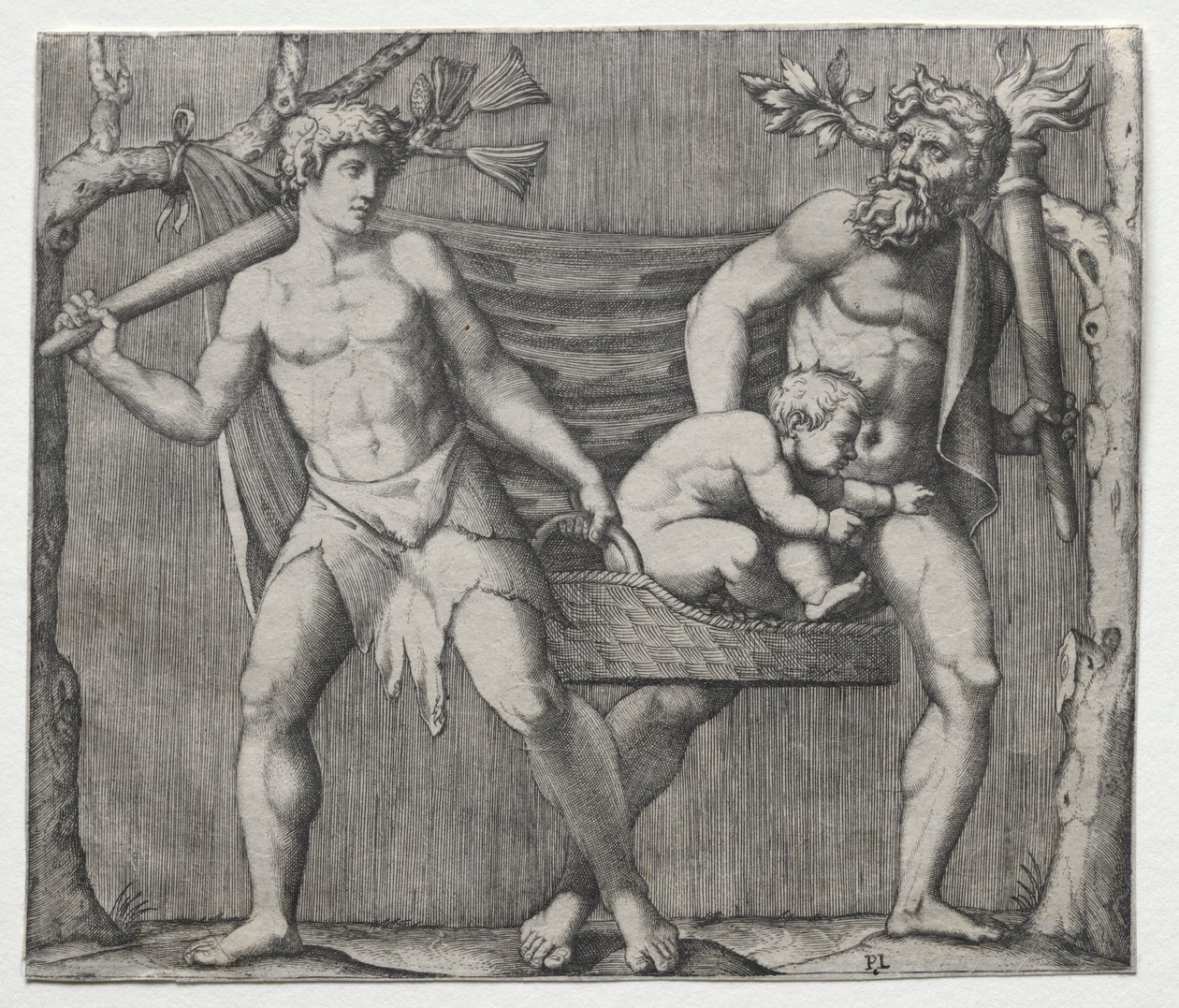 Due fauni che portano un bambino in un cesto da Marcantonio Raimondi