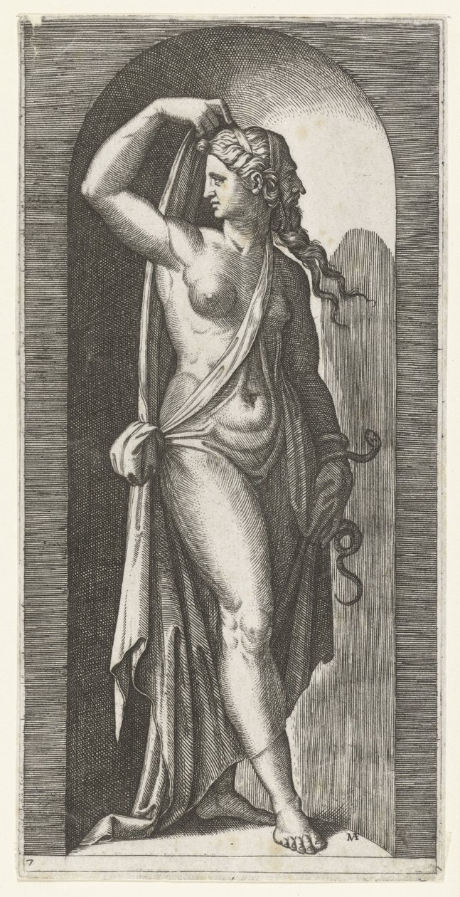 Donna come personificazione della Prudenza con serpente e maschera (Sette Virtù, titolo della serie) da Marcantonio Raimondi