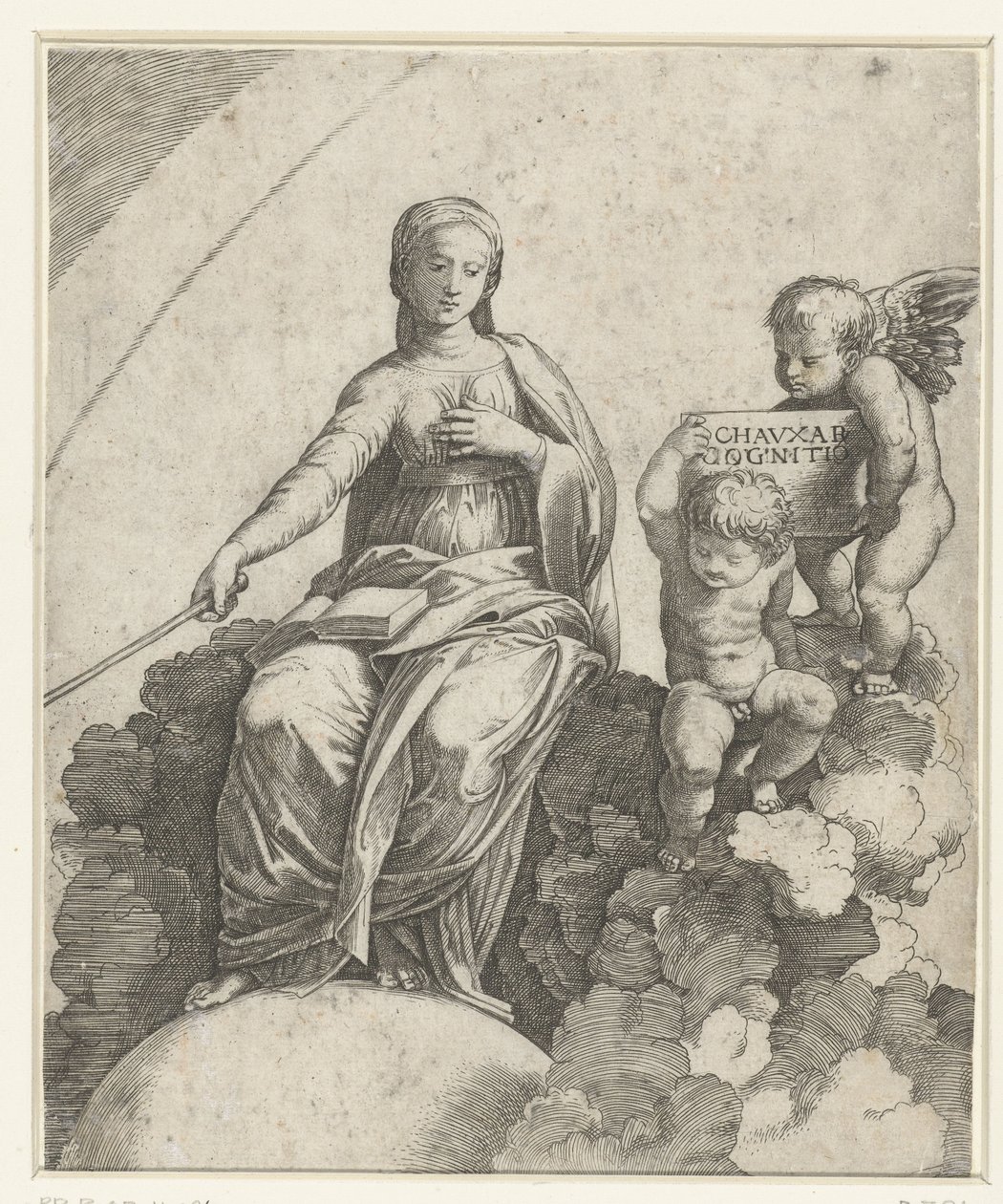 Donna con libro e scettro come personificazione della Filosofia seduta su nuvole con accanto due putti da Marcantonio Raimondi