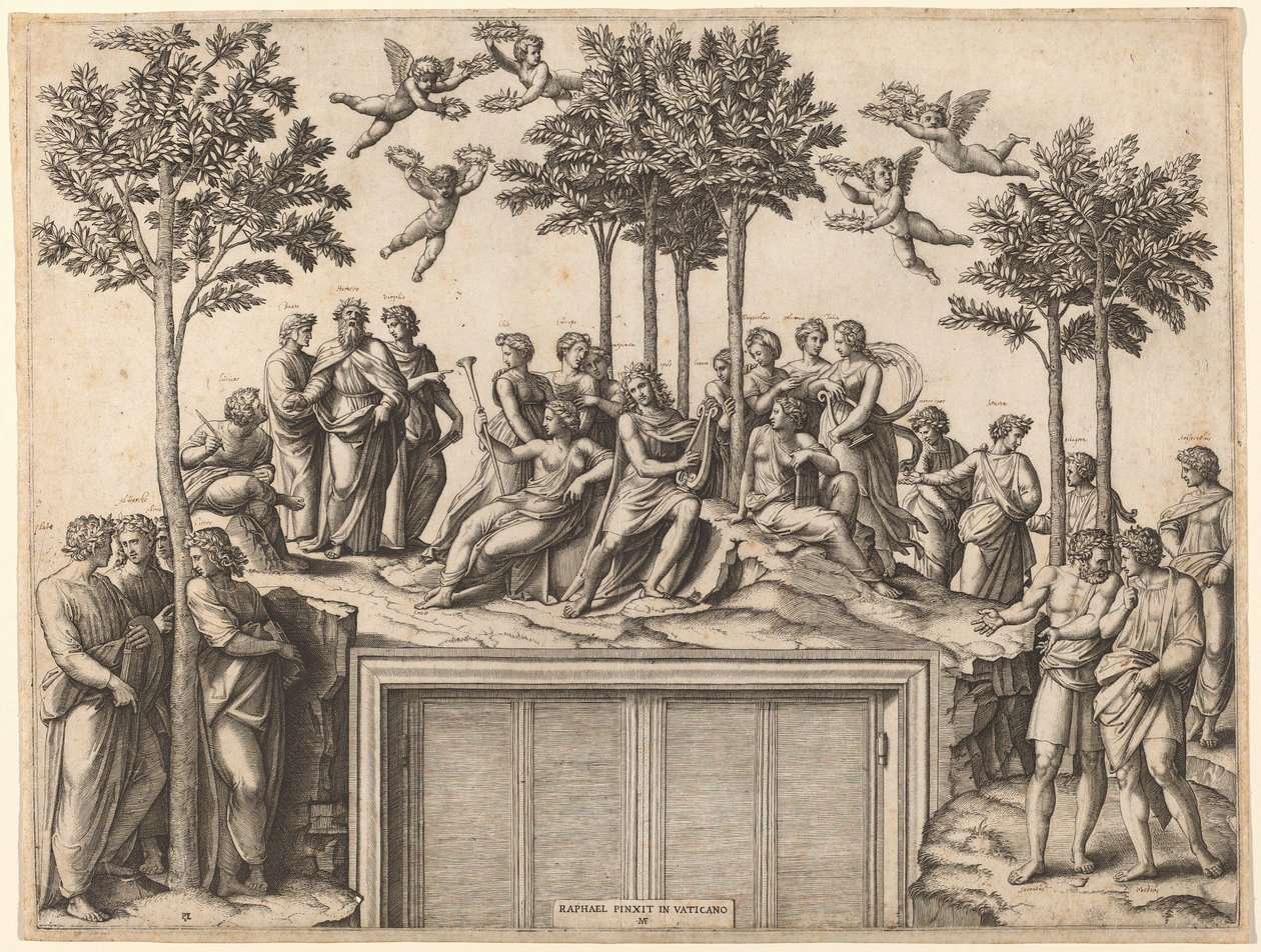 Apollo sul Parnaso da Marcantonio Raimondi after Raphael