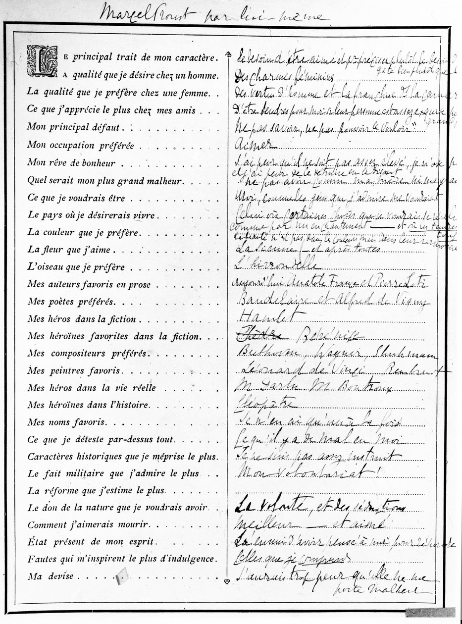Questionario compilato da Marcel Proust, 1890 da Marcel Proust