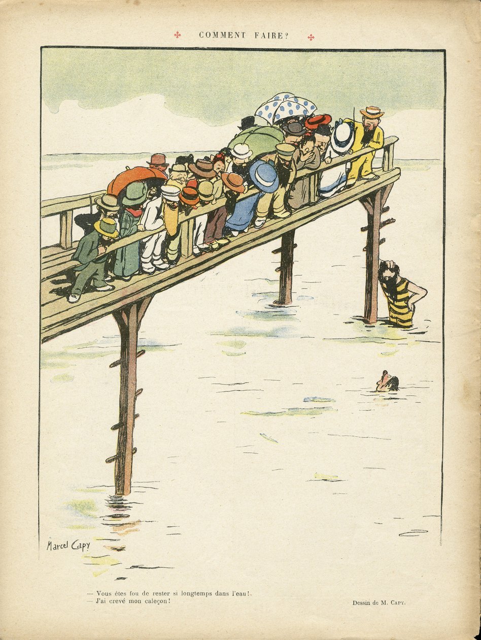Illustrazione di Marcel Capy (1865-1941) in Le Rire, 24/08/12 - Come farlo? - Tempo libero, Architettura Urbanistica, Marina Marittima Balneare, Nuoto, Folla da Marcel Amable O.L. Capy