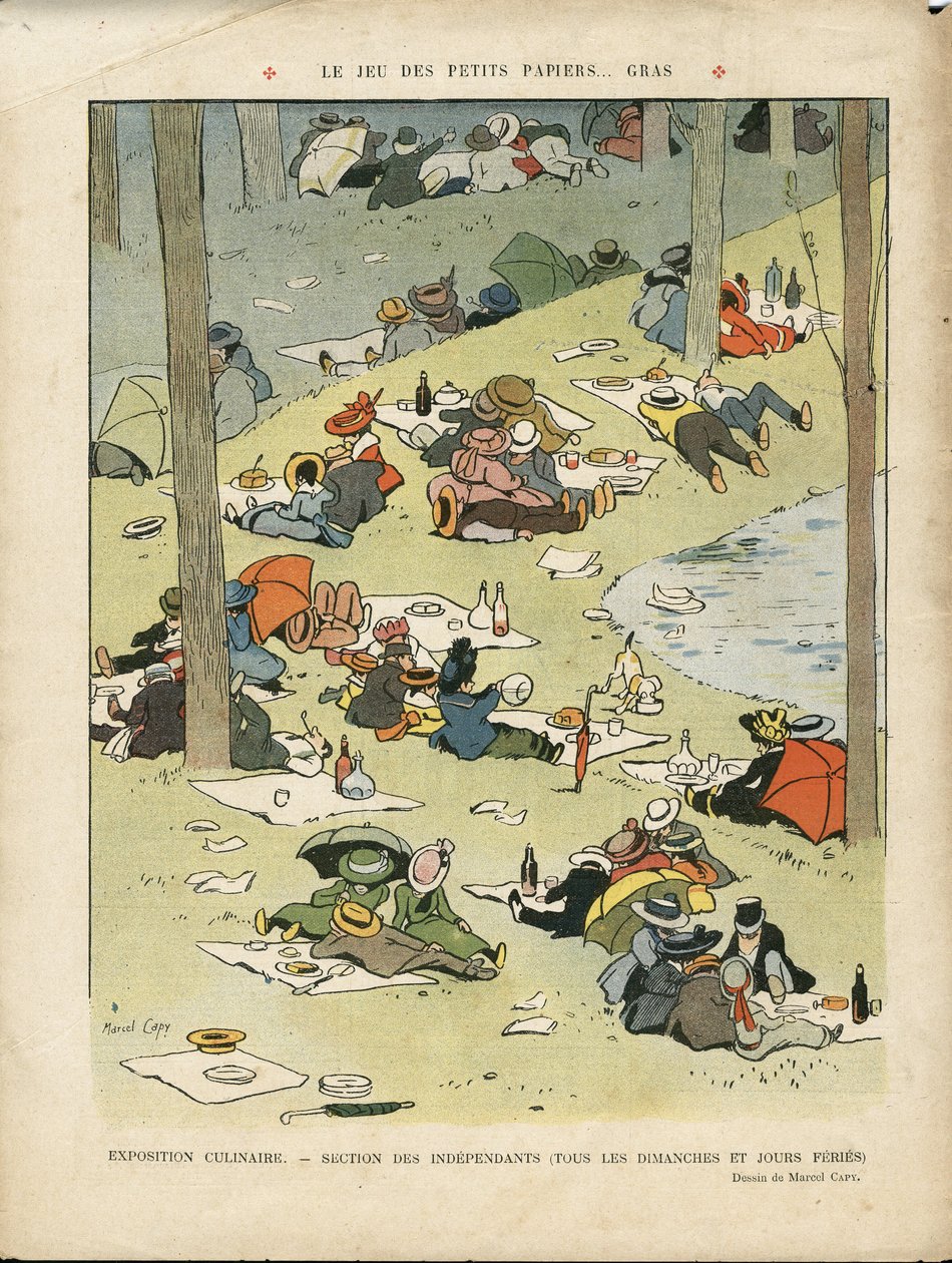 Illustrazione di Marcel Capy (1865-1941) in Le Rire, 28/05/10 - Il gioco dei piccoli fogli... grassi - Passatempi, Picnic, Gastronomia cuoco da Marcel Amable O.L. Capy