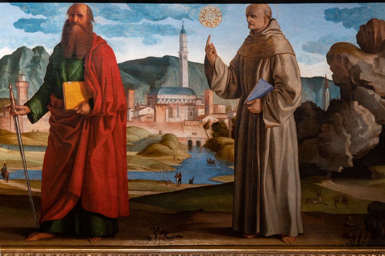 San Francesco riceve le stimmate tra Santa Chiara e Pietro, il beato Bartolomeo di Breganze, e San Paolo e Bernardino, dettaglio da Marcello Fogolino